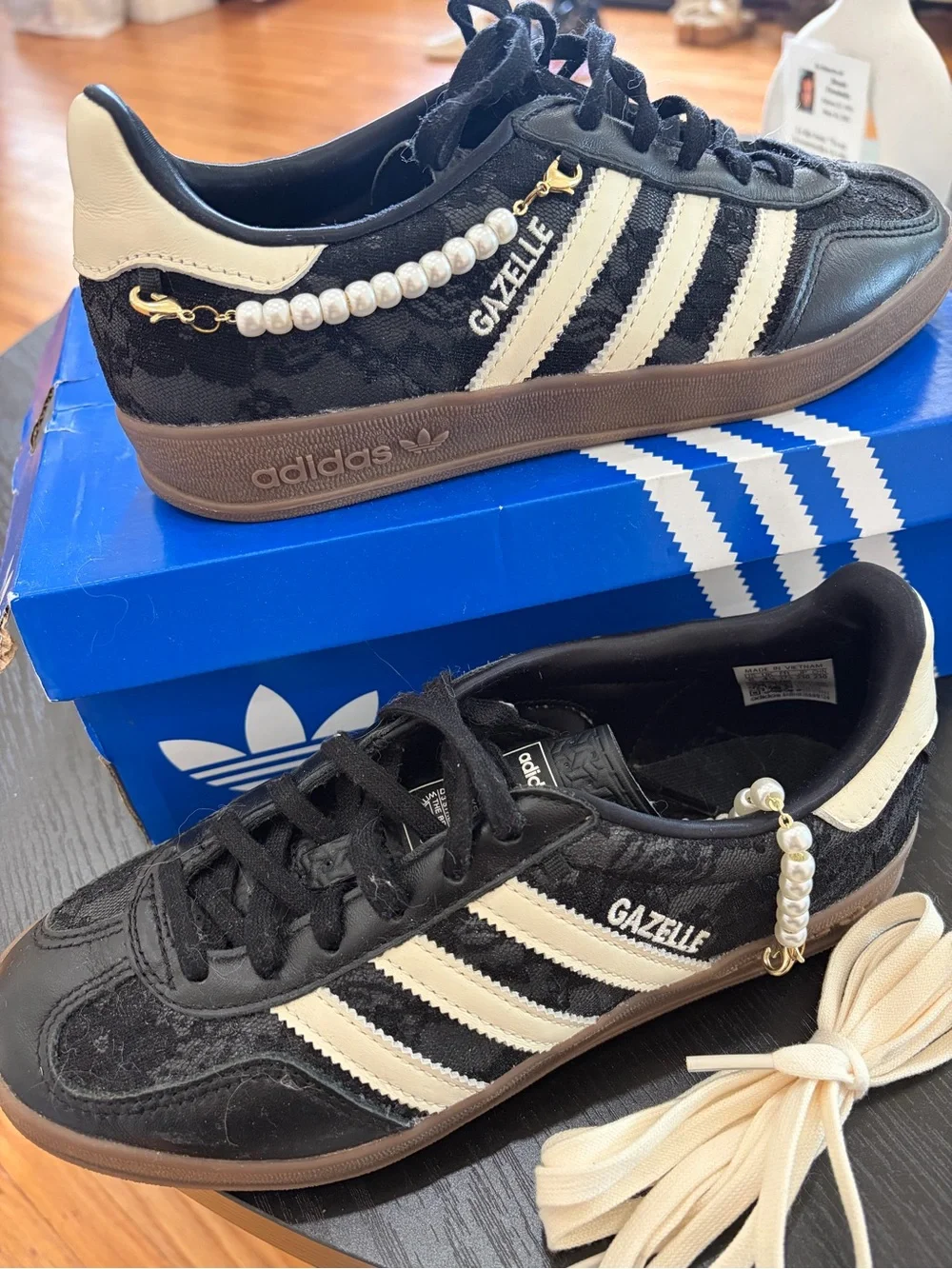 adidas Gazelle Black and Cream Lace-Up Sneakers with Pearl Accent